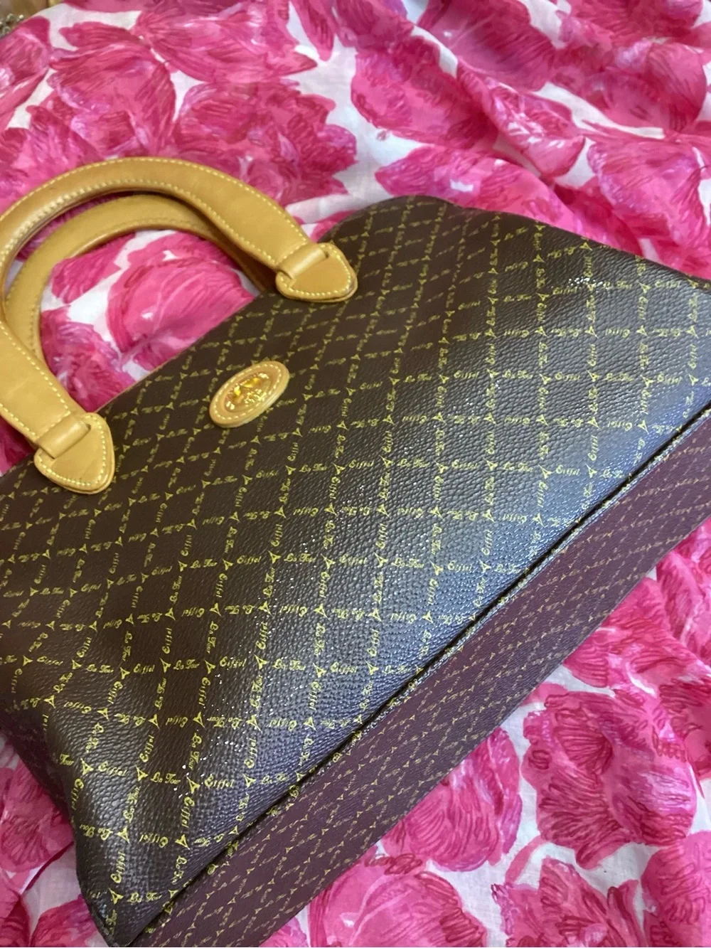 Vintage La Tour Eiffel 1887 Classic Brown Leather Satchel with Tan Handles